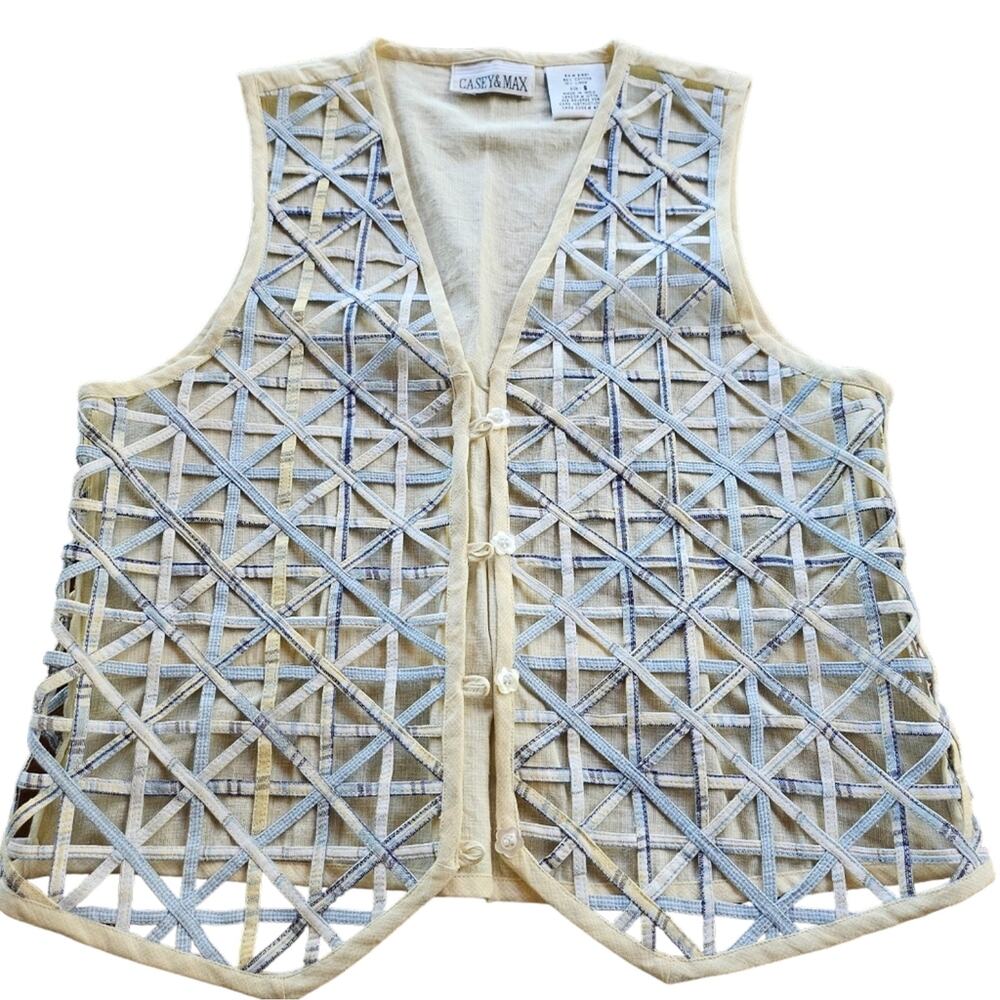 VTG Casey & Max Vest Women Small Contemporary Criss Cross Linen Blend Blue